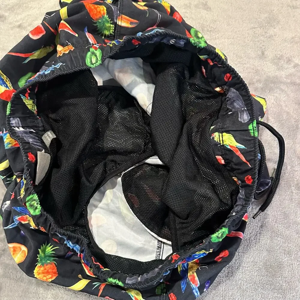 Asos  Swim Trunks Shorts Parrots Fruit Print Medium M Black Hawaiian Beachy